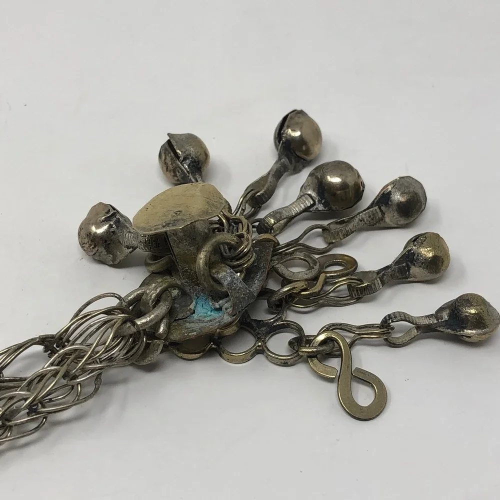 Tribal Amulet Pendant Box Jacket Closure Silver Brass Tone Blue Stone‎